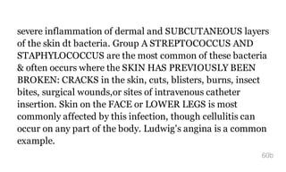 severe inflammation of dermal and SUBCUTANEOUS layers
of the skin dt bacteria. Group A STREPTOCOCCUS AND
STAPHYLOCOCCUS are the most common of these bacteria
& often occurs where the SKIN HAS PREVIOUSLY BEEN
BROKEN: CRACKS in the skin, cuts, blisters, burns, insect
bites, surgical wounds,or sites of intravenous catheter
insertion. Skin on the FACE or LOWER LEGS is most
commonly affected by this infection, though cellulitis can
occur on any part of the body. Ludwig's angina is a common
example.
60b
 