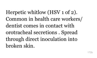 Herpetic whitlow (HSV 1 of 2).
Common in health care workers/
dentist comes in contact with
orotracheal secretions . Spread
through direct inoculation into
broken skin.
172b
 