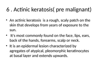 6 . Actinic keratosis( pre malignant)
• An actinic keratosis is a rough, scaly patch on the
skin that develops from years of exposure to the
sun.
• It's most commonly found on the face, lips, ears,
back of the hands, forearms, scalp or neck.
• It is an epidermal lesion characterized by
agregates of atypical, pleomorphic keratinocytes
at basal layer and extends upwards.
 