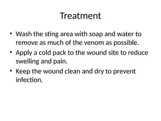 Treatment
• Wash the sting area with soap and water to
remove as much of the venom as possible.
• Apply a cold pack to the wound site to reduce
swelling and pain.
• Keep the wound clean and dry to prevent
infection.
 