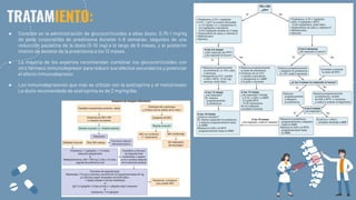 TRATAMIENTO:
● Consiste en la administración de glucocorticoides a altas dosis: 0,75-1 mg/kg
de peso corporal/día de prednisona durante 4-8 semanas, seguidos de una
reducción paulatina de la dosis (5-10 mg) a lo largo de 6 meses, y el posterior
intento de destete de la prednisona a los 12 meses.
● La mayoría de los expertos recomiendan combinar los glucocorticoides con
otro fármaco inmunodepresor para reducir sus efectos secundarios y potenciar
el efecto inmunodepresor.
● Los inmunodepresores que más se utilizan son la azatioprina y el metotrexato
La dosis recomendada de azatioprina es de 2 mg/kg/día.
 