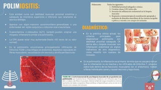● Esta entidad cursa con debilidad muscular proximal simétrica y
subaguda de miembros superiores e inferiores que raramente se
asocia a disfagia.
● Aparece con algún trastorno autoinmunitario generalizado o una
enfermedad del tejido conjuntivo o infección viral o bacteriana.
● D-penicilamina o zidovudina (AZT), también pueden originar una
miopatía inﬂamatoria similar a la polimiositis.
● La CPK puede estar muy aumentada (hasta >50 veces de su valor
normal).
● En la polimiositis encontramos principalmente inﬁltración de
linfocitos TCD8+ y macrófagos en endomisio, depósitos vasculares en
ﬁbras musculares, vacuolización sin necrosis y atroﬁa perifascicular.
POLIMIOSITIS:
DIAGNÓSTICO:
● En la práctica clínica actual, los
criterios principales para
diagnosticar polimiositis son
debilidad proximal subaguda, CK
sérica alta y biopsia muscular con
inﬂamación endomisial sin signos
indicativos de otro diagnóstico,
como miositis con cuerpos de
inclusión.
● En la polimiositis, la inﬂamación es primaria, término que se usa para indicar
que la inﬂamación no es reactiva y los inﬁltrados de linfocitos T, situados
sobre todo dentro de los fascículos musculares (en el endomisio), rodean
a ﬁbras individuales sanas y causan necrosis y fagocitosis.
 