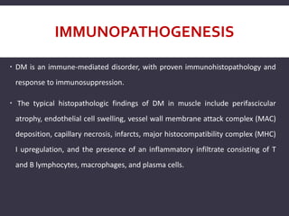 IMMUNOPATHOGENESIS
 DM is an immune-mediated disorder, with proven immunohistopathology and
response to immunosuppression.
 The typical histopathologic findings of DM in muscle include perifascicular
atrophy, endothelial cell swelling, vessel wall membrane attack complex (MAC)
deposition, capillary necrosis, infarcts, major histocompatibility complex (MHC)
I upregulation, and the presence of an inflammatory infiltrate consisting of T
and B lymphocytes, macrophages, and plasma cells.
 