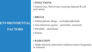 ENVIRONMENTAL
FACTORS
➢INFECTIONS
➢Enterovirus, Parvovirus (causing induced B cell
activation)
➢DRUGS
➢Antineoplastic drugs – cyclophosphamide
➢Ant-infectious agents – penicillin, isoniazid
➢NSAIDS – diclofenac
➢Statins
➢RADIATION
➢ High-intensity ultraviolet radiation (more frequently
in women)
 