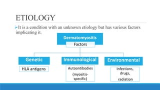 ETIOLOGY
➢It is a condition with an unknown etiology but has various factors
implicating it.
Dermatomyositis
Factors
Genetic
HLA antigens
Immunological
Autoantibodies
(myositis-
specific)
Environmental
Infections,
drugs,
radiation
 
