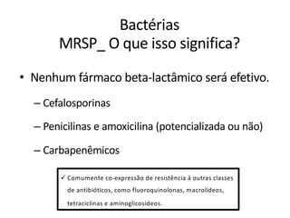 Bactérias
MRSP_ O que isso significa?
• Nenhum fármaco beta-lactâmico será efetivo.
– Cefalosporinas
– Penicilinas e amoxicilina (potencializada ou não)
– Carbapenêmicos
ü Comumente co-expressão de resistência à outras classes
de antibióticos, como fluoroquinolonas, macrolídeos,
tetraciclinas e aminoglicosídeos.
 
