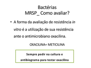 Bactérias
MRSP_ Como avaliar?
• A forma da avaliação de resistência in
vitro é a utilização de sua resistência
ante o antimicrobiano oxacilina.
Sempre pedir na cultura e
antibiograma para testar oxacilina
OXACILINA= METICILINA
 