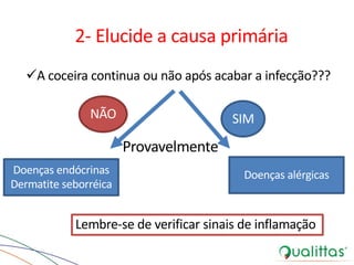 2- Elucide a causa primária
üA coceira continua ou não após acabar a infecção???
SIM
Doenças alérgicasDoenças endócrinas
Dermatite seborréica
NÃO
Provavelmente
Lembre-se de verificar sinais de inflamação
 