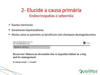 ü Exames hormonais
§ Geralmente hipotireoidismo
§ Muitas vezes os pacientes se beneficiam com shampoos desengordurantes
2- Elucide a causa primária
Endocrinopatias e seborréia
 