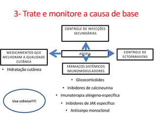 ATOPIA
FÁRMACOS SISTÊMICOS
IMUNOMODULADORES
• Glicocorticóides
• Inibidores de calcineurina
• Imunoterapia alérgeno-específica
• Inibidores de JAK específico
• Anticorpo monoclonal
CONTROLE DE INFECÇÕES
SECUNDÁRIAS
MEDICAMENTOS QUE
MELHORAM A QUALIDADE
CUTÂNEA
CONTROLE DE
ECTOPARASITAS
Uso crônico!!!!
• Hidratação cutânea
3- Trate e monitore a causa de base
 