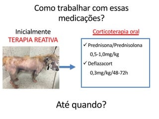 Como trabalhar com essas
medicações?
Corticoterapia oral
üPrednisona/Prednisolona
0,5-1,0mg/kg
üDeflazacort
0,3mg/kg/48-72h
Inicialmente
TERAPIA REATIVA
Até quando?
 