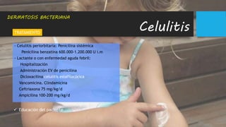 Celulitis
- Celulitis periorbitaria: Penicilina sistémica
Penicilina benzatina 600.000-1.200.000 U i.m
- Lactante o con enfermedad aguda febril:
Hospitalización
Administración EV de penicilina
Dicloxacilina celulitis estafilocócica
Vancomicina. Clindamicina
Ceftriaxona 75 mg/kg/d
Ampicilina 100-200 mg/kg/d
DERMATOSIS BACTERIANA
TRATAMIENTO
 Educación del paciente
 