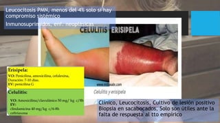 Clínico, Leucocitosis, Cultivo de lesión positivo
Biopsia en sacabocados, Solo son útiles ante la
falta de respuesta al tto empírico
Leucocitosis PMN, menos del 4% solo si hay
compromiso sistémico
Inmunosuprimidos, enf. neoplásicas
 
