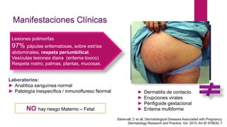 Manifestaciones Clínicas
Lesiones polimorfas
97% pápulas eritematosas, sobre estrías
abdominales, respeta periumbilical.
Vesículas lesiones diana (eritema toxico)
Respeta rostro, palmas, plantas, mucosas.
Laboratorios:
► Analítica sanguínea normal
► Patología inespecífica / inmunofluresc Normal
NO hay riesgo Materno – Fetal
► Dermatitis de contacto
► Erupciones virales
► Pénfigoide gestacional
► Eritema multiforme
Sävervall, C et all. Dermatological Diseases Associated with Pregnancy.
Dermatology Research and Practice. Vol 2015, Art ID 979635, 7
 