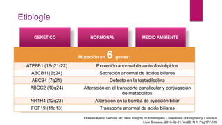 GENÉTICO
• Mutaciones ABCB4
gen relacionado con
proteína MDR3
• Caucásicos 16%
HORMONAL
• Pico de Estrógeno 3°
trimestre.
• Metabolitos de
degradación de
Progesterona
MEDIO AMBIENTE
• Chile y Finlandia
• No es clara la
asociación
Etiología
Sales biliares producen liberación de histamina + enzimas
proteolíticas actúan en terminales nerviosas = prurito
Progesterona,inhibe la Glucoronil Transferasa con ↓ conjugación y excreción de
BB, retraso en la eliminación de E, exacerbando los síntomas
Floreani A and Gervasi MT, New Insights on Intrahepatic Cholestasis of Pregnancy. Clinics in
Liver Disease, 2016-02-01, Vol20, N 1, Pag177-189
Mutación en 6 genes:
ATP8B1 (18q21-22) Excreción anormal de aminofosfolipidos
ABCB11(2q24) Secreción anormal de ácidos biliares
ABCB4 (7q21) Defecto en la fostadilcolina
ABCC2 (10q24) Alteración en el transporte canalicular y conjugación
de metabolitos
NR1H4 (12q23) Alteración en la bomba de eyección biliar
FGF19 (11q13) Transporte anormal de acido biliares
 