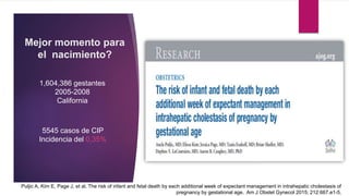Mejor momento para
el nacimiento?
1,604,386 gestantes
2005-2008
California
Puljic A, Kim E, Page J, et al. The risk of infant and fetal death by each additional week of expectant management in intrahepatic cholestasis of
pregnancy by gestational age. Am J Obstet Gynecol 2015; 212:667.e1-5.
63,8 vs 21,2
5545 casos de CIP
Incidencia del 0,35%
P <0,001
 