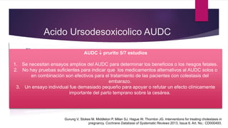 Acido Ursodesoxicolico AUDC
Gurung V, Stokes M, Middleton P, Milan SJ, Hague W, Thornton JG. Interventions for treating cholestasis in
pregnancy. Cochrane Database of Systematic Reviews 2013, Issue 6. Art. No.: CD000493.
2001 → 9 estudios (227 ♀)
No hay suficiente evidencia para dar
recomendaciones sobre el manejo en la
Colestasis
2013 → 21 estudios (1197 ♀)
11 intervenciones / 15 comparaciones
AUDC, SAMe, la goma de guar, el carbón activado,
la dexametasona, la colestiramina, la Salvia, la
decocción de Yinchenghao (DYCH), Danxioling y
Yiganling.
AUDC  prurito 5/7 estudios
1. Se necesitan ensayos amplios del AUDC para determinar los beneficios o los riesgos fetales.
2. No hay pruebas suficientes para indicar que los medicamentos alternativos al AUDC solos o
en combinación son efectivos para el tratamiento de las pacientes con colestasis del
embarazo.
3. Un ensayo individual fue demasiado pequeño para apoyar o refutar un efecto clínicamente
importante del parto temprano sobre la cesárea.
 