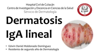 • Edwin Daniel Maldonado Domínguez
• Residente de segundo año de Dermatología
HospitalCivil deCuliacán
Centro de Investigación y Docencia enCiencias de laSalud
Servicio de Dermatología
Dermatosis
IgA lineal
 