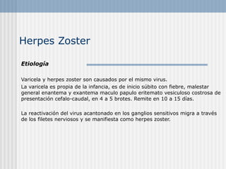 Herpes Zoster

Etiología

Varicela y herpes zoster son causados por el mismo virus.
La varicela es propia de la infancia, es de inicio súbito con fiebre, malestar
general enantema y exantema maculo papulo eritemato vesiculoso costrosa de
presentación cefalo-caudal, en 4 a 5 brotes. Remite en 10 a 15 días.

La reactivación del virus acantonado en los ganglios sensitivos migra a través
de los filetes nerviosos y se manifiesta como herpes zoster.
 