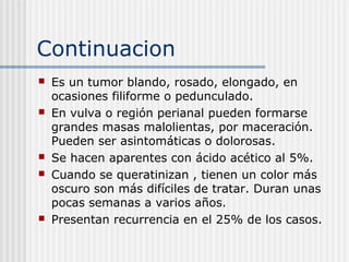 Continuacion
   Es un tumor blando, rosado, elongado, en
    ocasiones filiforme o pedunculado.
   En vulva o región perianal pueden formarse
    grandes masas malolientas, por maceración.
    Pueden ser asintomáticas o dolorosas.
   Se hacen aparentes con ácido acético al 5%.
   Cuando se queratinizan , tienen un color más
    oscuro son más difíciles de tratar. Duran unas
    pocas semanas a varios años.
   Presentan recurrencia en el 25% de los casos.
 