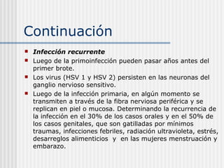 Continuación
   Infección recurrente
   Luego de la primoinfección pueden pasar años antes del
    primer brote.
   Los virus (HSV 1 y HSV 2) persisten en las neuronas del
    ganglio nervioso sensitivo.
   Luego de la infección primaria, en algún momento se
    transmiten a través de la fibra nerviosa periférica y se
    replican en piel o mucosa. Determinando la recurrencia de
    la infección en el 30% de los casos orales y en el 50% de
    los casos genitales, que son gatilladas por mínimos
    traumas, infecciones febriles, radiación ultravioleta, estrés,
    desarreglos alimenticios y en las mujeres menstruación y
    embarazo.
 