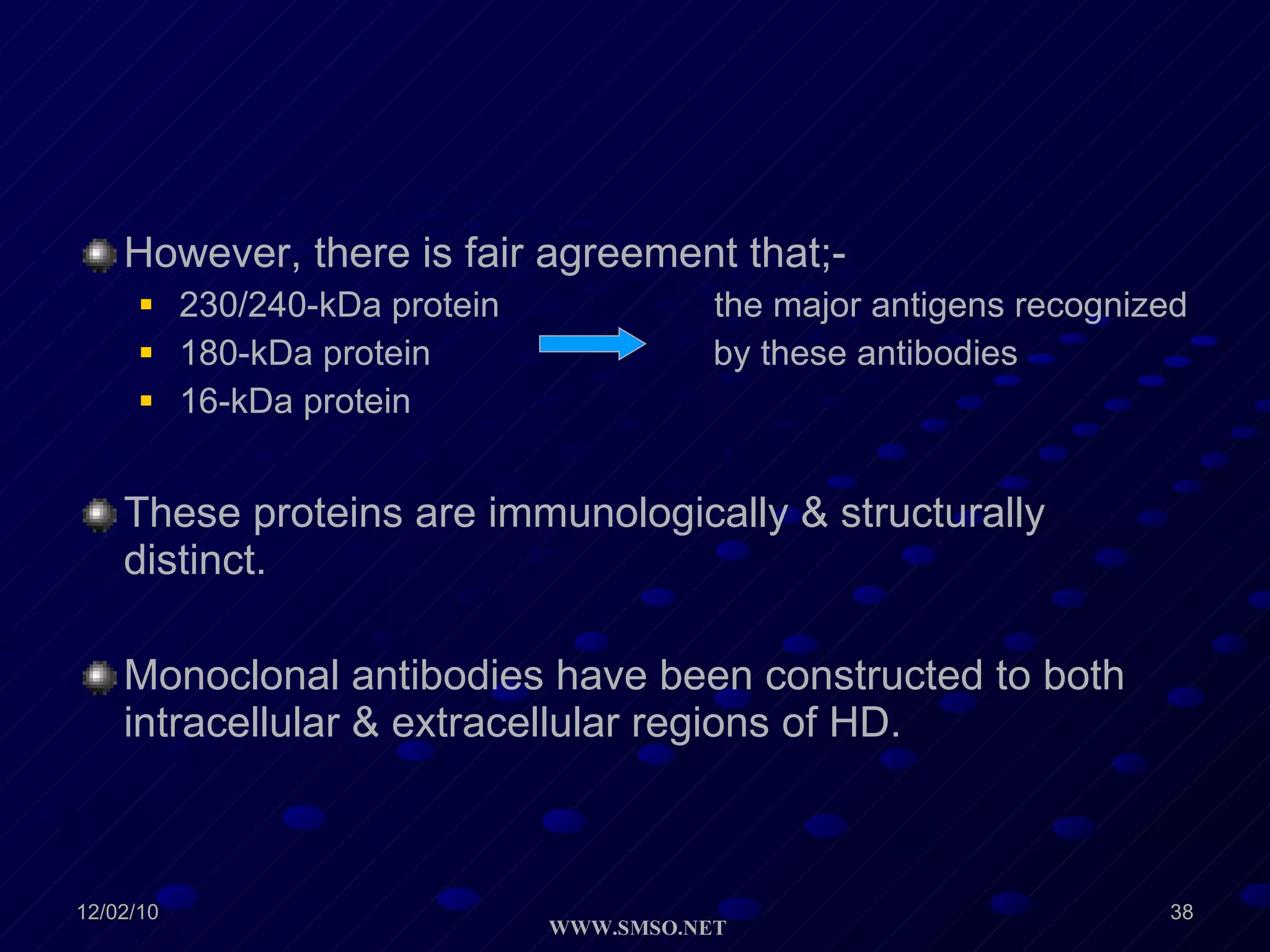 However, there is fair agreement that;- 230/240-kDa protein  the major antigens recognized  180-kDa protein  by these antibodies 16-kDa protein  These proteins are immunologically & structurally distinct. Monoclonal antibodies have been constructed to both intracellular & extracellular regions of HD. 