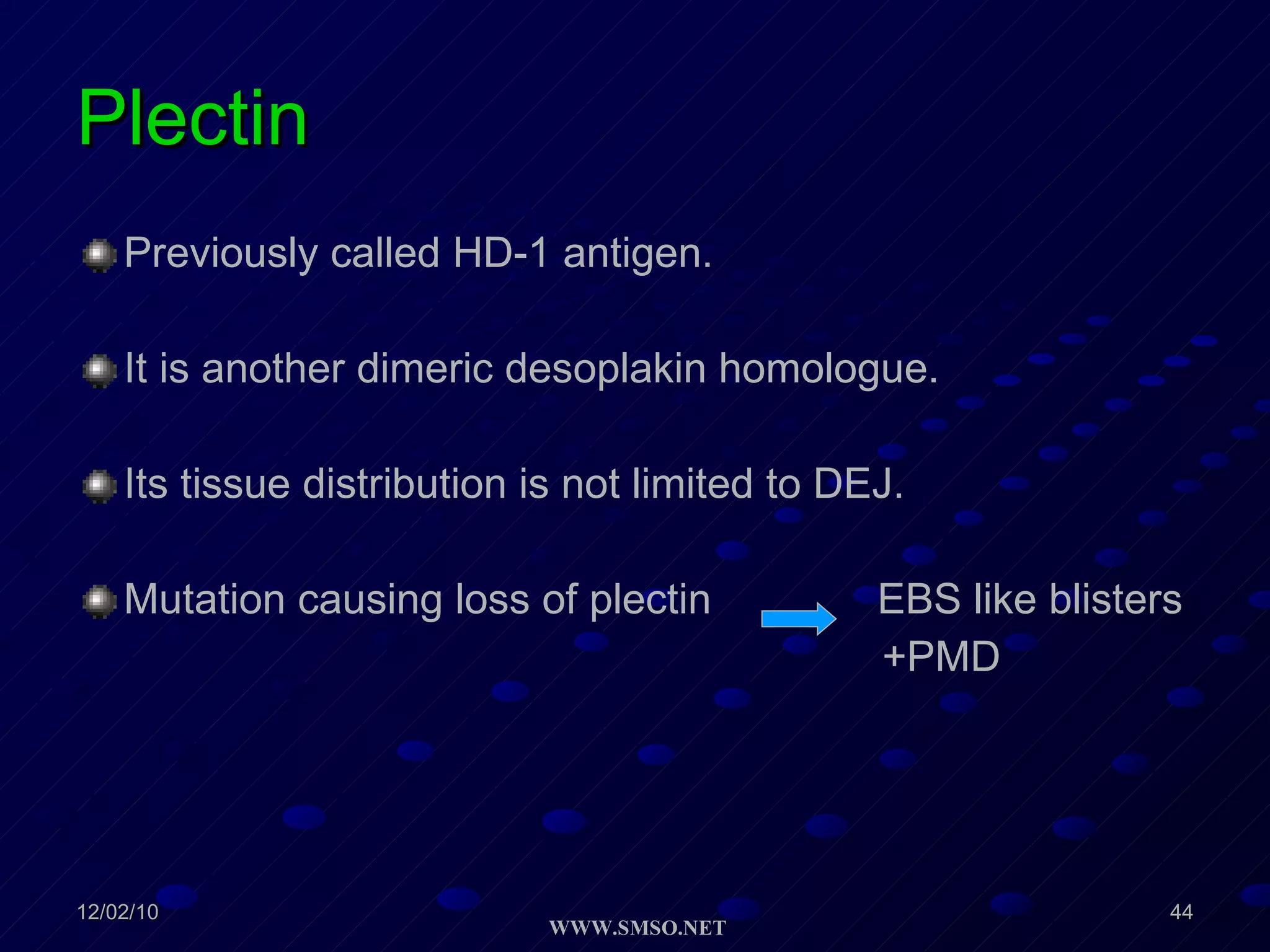 Plectin  Previously called HD-1 antigen. It is another dimeric desoplakin homologue. Its tissue distribution is not limited to DEJ. Mutation causing loss of plectin  EBS like blisters +PMD 