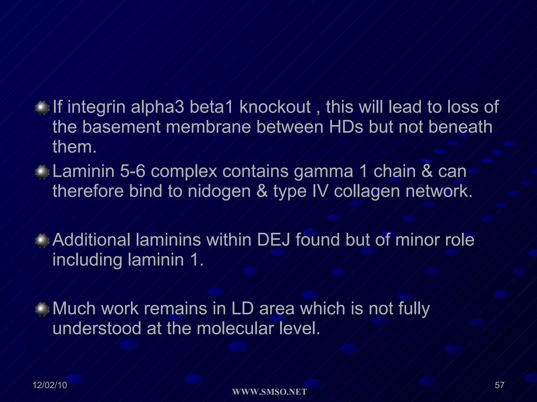If integrin alpha3 beta1 knockout , this will lead to loss of the basement membrane between HDs but not beneath them. Laminin 5-6 complex contains gamma 1 chain & can therefore bind to nidogen & type IV collagen network. Additional laminins within DEJ found but of minor role including laminin 1. Much work remains in LD area which is not fully understood at the molecular level. 