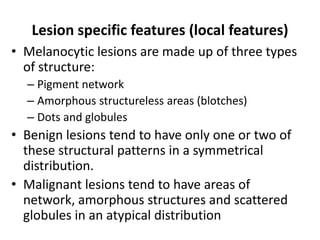 Lesion specific features (local features)
• Melanocytic lesions are made up of three types
of structure:
– Pigment network
– Amorphous structureless areas (blotches)
– Dots and globules

• Benign lesions tend to have only one or two of
these structural patterns in a symmetrical
distribution.
• Malignant lesions tend to have areas of
network, amorphous structures and scattered
globules in an atypical distribution

 
