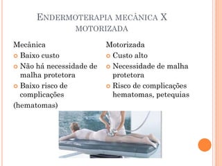 ENDERMOTERAPIA MECÂNICA X
MOTORIZADA
Mecânica
 Baixo custo
 Não há necessidade de
malha protetora
 Baixo risco de
complicações
(hematomas)
Motorizada
 Custo alto
 Necessidade de malha
protetora
 Risco de complicações
hematomas, petequias
 
