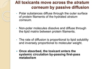 All toxicants move across the stratum
corneum by passive diffusion
• Polar substances diffuse through the outer surface
of protein filaments of the hydrated stratum
corneum.
• Non-polar molecules dissolve and diffuse through
the lipid matrix between protein filaments.
• The rate of diffusion is proportional to lipid solubility
and inversely proportional to molecular weight.
 Once absorbed, the toxicant enters the
systemic circulation by-passing first-pass
metabolism
 