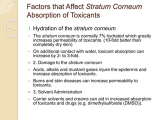 Factors that Affect Stratum Corneum
Absorption of Toxicants
1. Hydration of the stratum corneum
• The stratum corneum is normally 7% hydrated which greatly
increases permeability of toxicants. (10-fold better than
completely dry skin)
• On additional contact with water, toxicant absorption can
increase by 2- to 3-fold.
 2. Damage to the stratum corneum
• Acids, alkalis and mustard gases injure the epidermis and
increase absorption of toxicants.
• Burns and skin diseases can increase permeability to
toxicants.
 3. Solvent Administration
• Carrier solvents and creams can aid in increased absorption
of toxicants and drugs (e.g. dimethylsulfoxide (DMSO)).
 