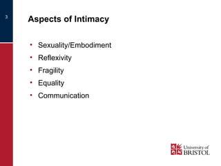 Aspects of Intimacy Sexuality/Embodiment Reflexivity Fragility Equality Communication 