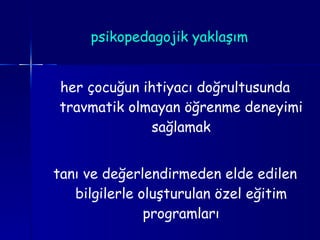psikopedagojik yaklaşım her çocuğun ihtiyacı doğrultusunda travmatik olmayan öğrenme deneyimi sağlamak tanı ve değerlendirmeden elde edilen bilgilerle oluşturulan özel eğitim programları 