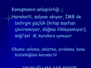 Konuşmanın anlaşılırlığı  ↓ Hareketli, salyası akıyor, İMB de belirgin güçlük (kitap sayfası çeviremiyor, düğme ilikleyemiyor), sağ/sol  Ø , kurallara uymuyor Okuma: anlama, anlatma, sıralama, konu bütünlüğünü koruma N  OKUDUĞU ANLAŞILMIYOR 