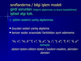 sınıflandırma / bilgi işlem modeli  girdi sorunları  (bilginin algılanması ve beyne kaydedilmesi)   işitsel algı bzk. 1. işitilen seslerin yanlış algılanması duyulan sesleri yanlış algılama benzer sesler arasındaki farklılıkları ayırt edememe  “ m, n”, “m, b” “f, v”, “b, p”, “a, ı”, “t, d”, ”f, h”, “k, p”  sonuçta dipten-tipten-dikten-tipten / badem-madem, damdan-dandan 