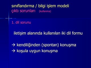 sınıflandırma / bilgi işlem modeli  çıktı sorunları  (kullanma) 1. dil sorunu iletişim alanında kullanılan iki dil formu    kendiliğinden (spontan) konuşma    koşula uygun konuşma 
