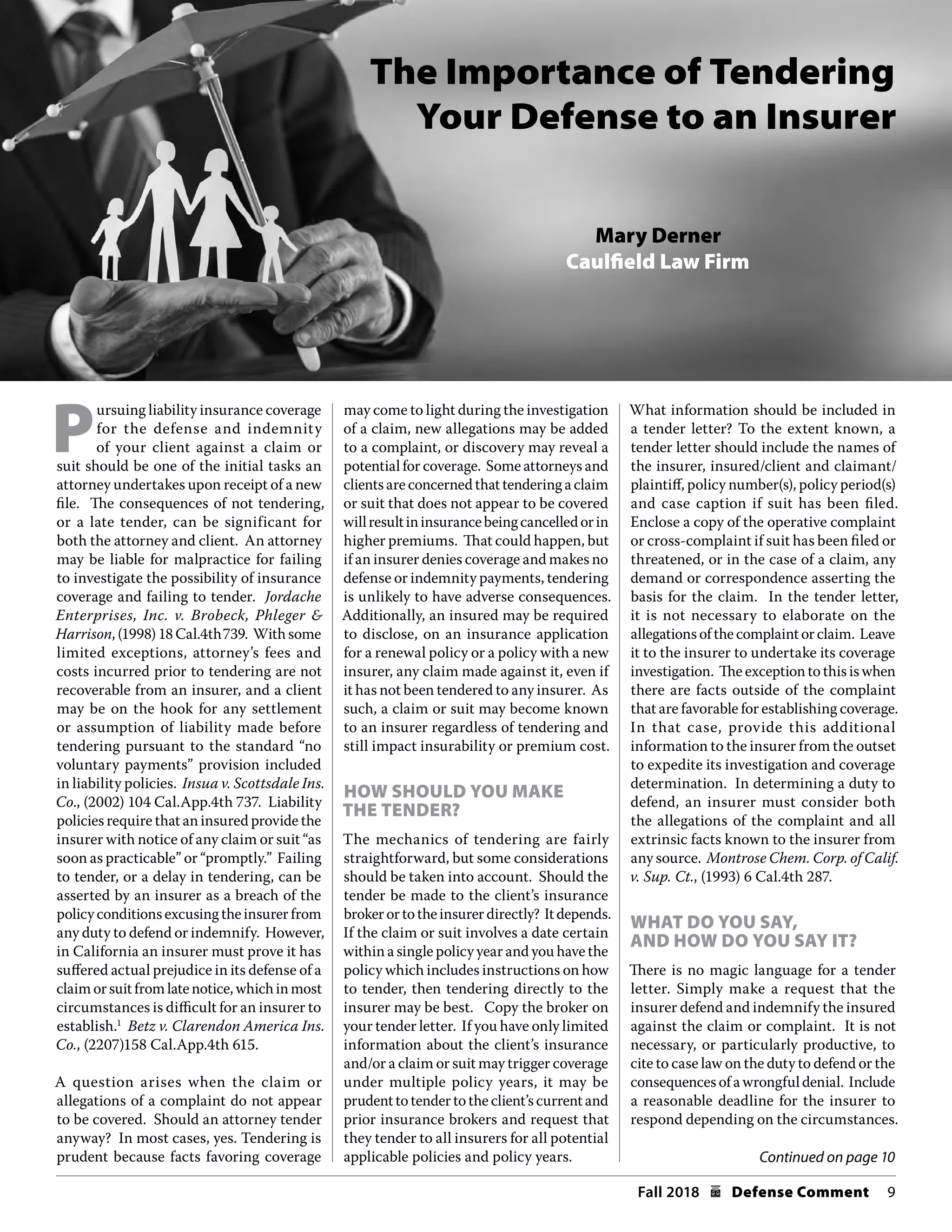 The Importance of Tendering Your Defense to an Insurer PDF