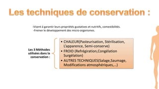 -Visent à garantir leurs propriétés gustatives et nutritifs, comestibilités.
-Freiner le développement des micro-organismes.
Les 3 Méthodes
utilisées dans la
conservation :
• CHALEUR(Pasteurisation, Stérilisation,
L’apparence, Semi-conserve)
• FROID (Refrégiration,Congélation
Surgélation)
• AUTRES TECHNIQUES(Salage,Saumage,
Modifications atmosphériques,…)
 