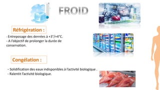 Réfrigération :
- Entreposage des denrées à +3°/+4°C.
- A l’objectif de prolonger la durée de
conservation.
Congélation :
- Solidification des eaux indisponibles à l’activité biologique .
- Ralentit l’activité biologique.
 