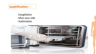 - Congélation
- Mise sous vide
- Sublimation
Lyophilisation :
 