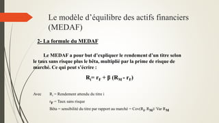 2- La formule du MEDAF
Le MEDAF a pour but d’expliquer le rendement d’un titre selon
le taux sans risque plus le bêta, multiplié par la prime de risque de
marché. Ce qui peut s’écrire :
Ri= rF + β (RM - rF)
Avec Ri = Rendement attendu du titre i
rF = Taux sans risque
Bêta = sensibilité du titre par rapport au marché = Cov(Ri, RM)/ Var RM
Le modèle d’équilibre des actifs financiers
(MEDAF)
 