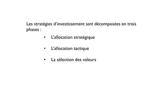 • L’allocation stratégique
• L’allocation tactique
• La sélection des valeurs
Les stratégies d’investissement sont décomposées en trois
phases :
 