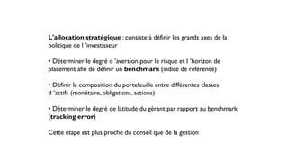 L'allocation stratégique : consiste à définir les grands axes de la
politique de l ’investisseur
• Déterminer le degré d ’aversion pour le risque et l ’horizon de
placement afin de définir un benchmark (indice de référence)
• Définir la composition du portefeuille entre différentes classes
d ’actifs (monétaire, obligations, actions)
• Déterminer le degré de latitude du gérant par rapport au benchmark
(tracking error)
Cette étape est plus proche du conseil que de la gestion
 