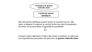 techniques de gestion
indicielle active
L’achat de valeurs
spécifiques
Des informations spécifiques peuvent donner la conviction qu’une telle
valeur va dépasser la moyenne du marché. Si elle entre dans la composition
de l’indice, sa hausse profitera à l’ensemble du portefeuille.
Lorsque la valeur appartient à l’indice, cela revient à constituer un indice avec
une surpondération particulière. On parle alors de gestion indicielle tiltée.
 