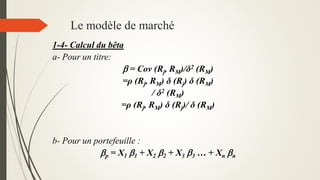 1-4- Calcul du bêta
a- Pour un titre:
 = Cov (Rj, RM)/δ2 (RM)
=ρ (Rj, RM) δ (Rj) δ (RM)
/ δ2 (RM)
=ρ (Rj, RM) δ (Rj)/ δ (RM)
b- Pour un portefeuille :
p = X1 1 + X2 2 + X3 3 … + Xn n
Le modèle de marché
 