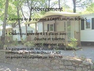 • Camping de la Vignasse à CASTELJAU Les BORELS
• Chalets ou gites de 4 à 6 places avec:
-Douche et toilettes
-petit déjeuner pris
À la guinguette (café, thé, chocolat, tartine, beurre,
confiture, jus de fruit) de Chaulet PLAGE
Les groupes sont organisés par MARTENS
hébergement
 