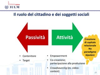 15
Il ruolo del cittadino e dei soggetti sociali
Passività Attività
• Contenitore
• Target
• Empowerment
• Co-creazione;
partecipazione alla produzione
• Crowdsourcing (es. video-
contest)
Creazione
di capitale
relazionale
No
paradigma
bipolare
 