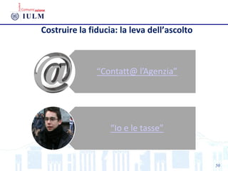 “Contatt@ l’Agenzia”
“Io e le tasse”
50
Costruire la fiducia: la leva dell’ascolto
 