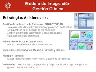 Modelo de Integración
                      Gestión Clínica

Estrategias Asistenciales
Gestión de la Salud de la Población: PROACTIVIDAD
   Promover actividades de prevención y promoción de la salud
   Ser proactivos en el cuidado de los pacientes
   Gestión sanitaria de la demanda y sus necesidades
   Reto: Gestión de la cronicidad

Alineamiento de los Profesionales:
    Médico de cabecera – Médico en Hospital.

Especialista Consultor en Atención Primaria y Hospital.

Atención Primaria:
    Mayor resolución para mayor valor. Gestión de la demanda

Enfermería: nuevos roles, competencias y responsabilidad: triage de urgencias,
    gestión de historia clínica, etc.
 